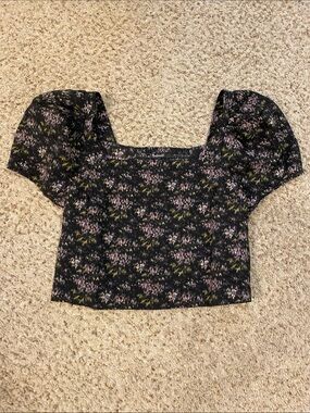 Madewell Black Floral Square-Neck Puff Sleeve Crop Top